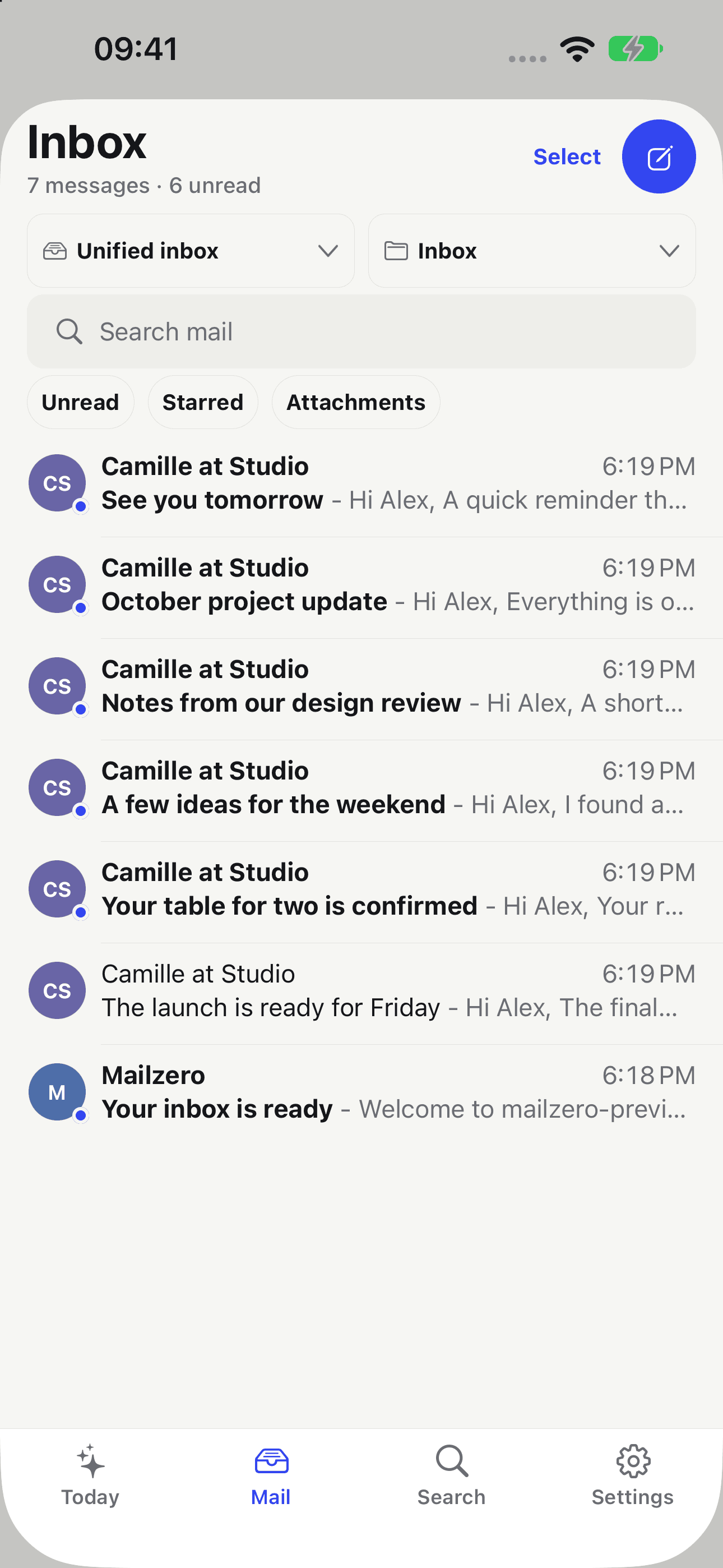 Mailzero inbox on iPhone