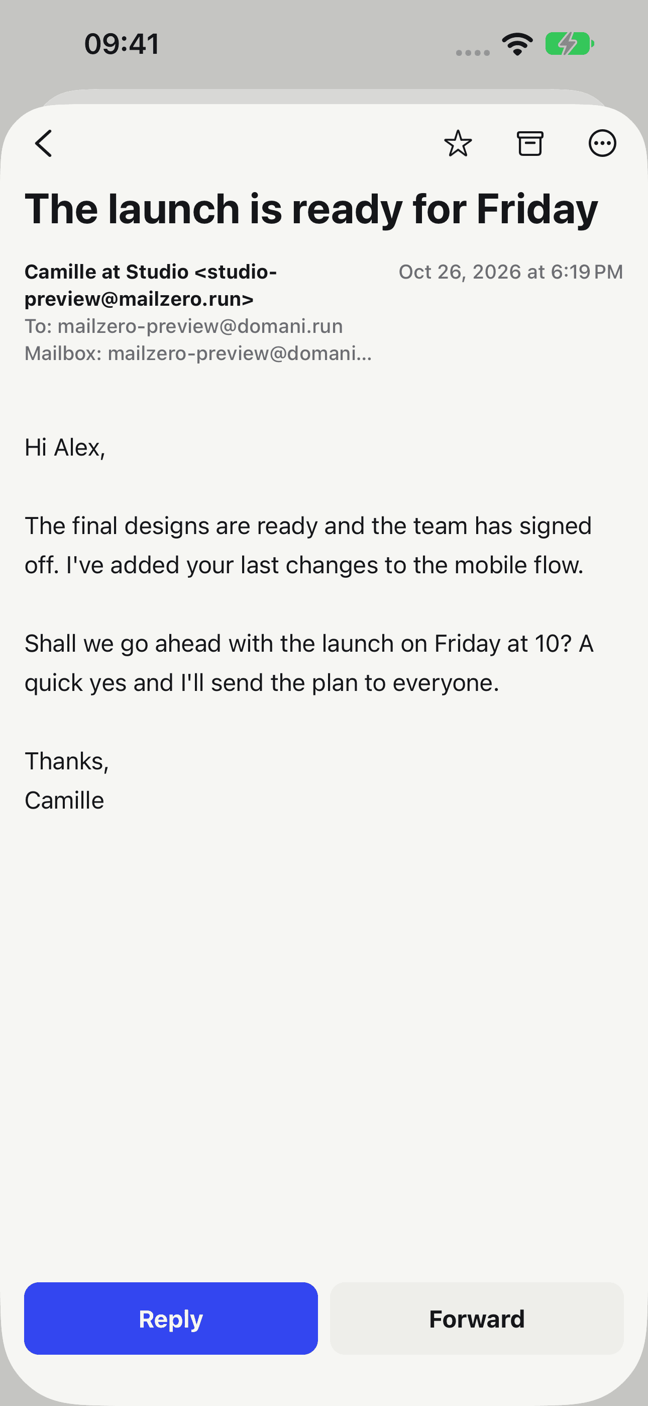 An email conversation in Mailzero