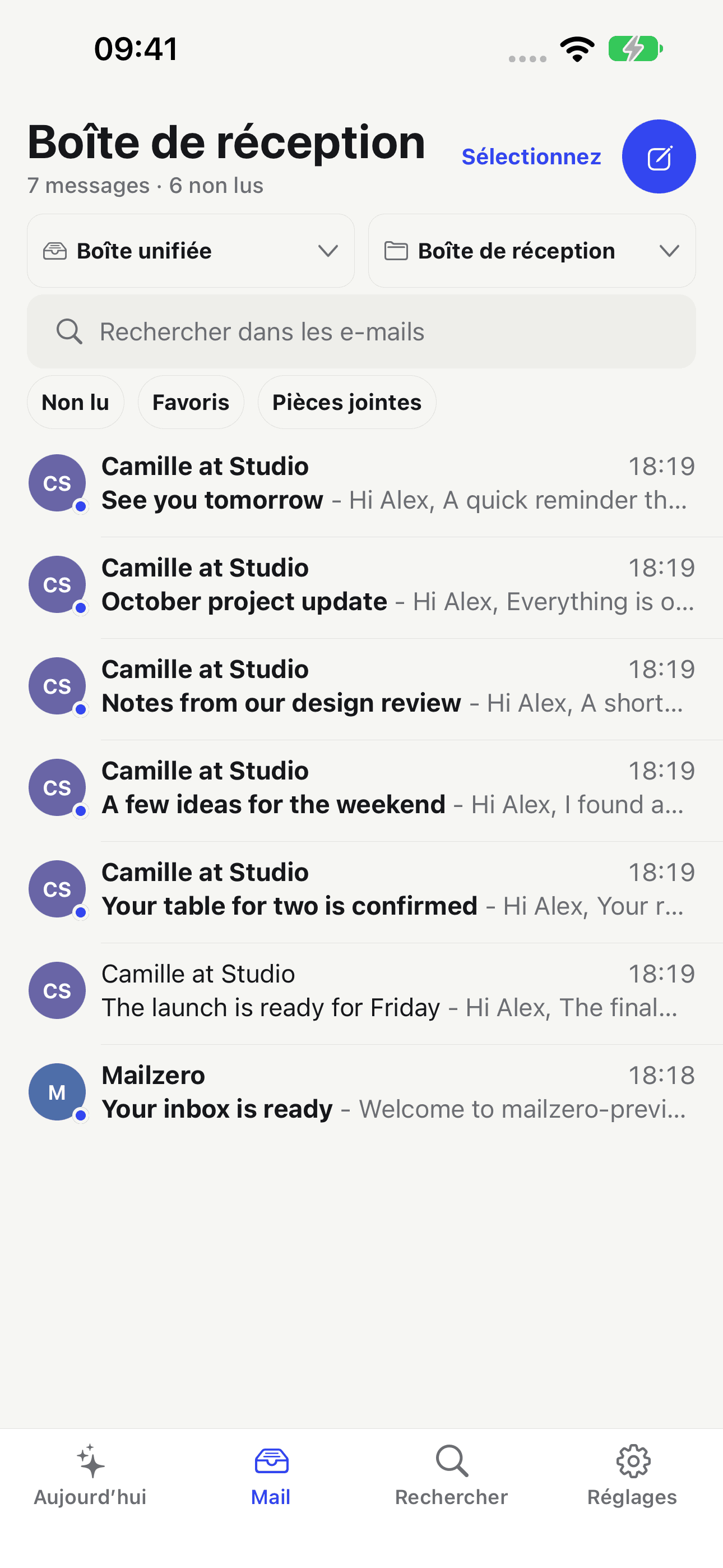 La boîte de réception Mailzero sur iPhone