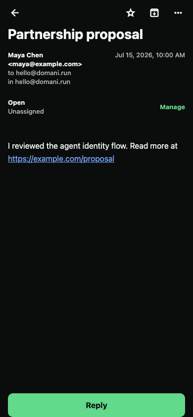 Email detail in Domani with message actions and reply button